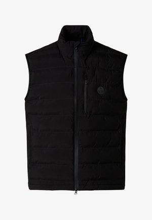 Gilet imbottito nero senza maniche con zip frontale e tasca sul petto con zip, con un piccolo logo tondo sul lato sinistro.