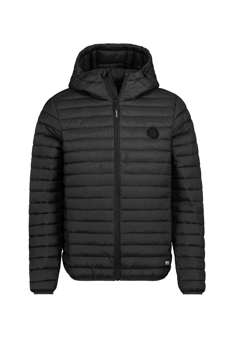 Schwarze gepolsterte Jacke mit Reißverschluss vorne, Kapuze und horizontalem Steppmuster. Verfügt über ein Logo auf der Brust und elastische Bündchen.