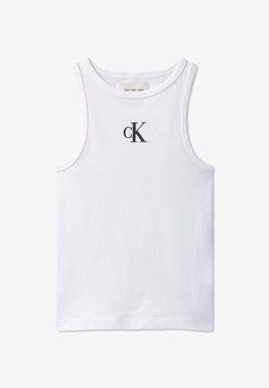 Fehér ujjatlan trikó fekete "cK" logóval, középre helyezve a nyakkivágás alatt, belső címke Calvin Klein Jeans felirattal.