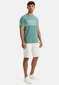 Teal kortærmet t-shirt med en kontrasterende lysegrå brystpanel, parret med hvide opklippede shorts og hvide sneakers.