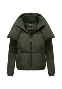 Olive green padded jacket with detachable buttoned hood, ribbed collar and cuffs, front zipper, and side pockets.