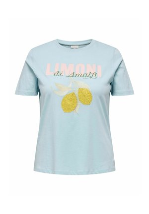 T-shirt bleu clair à manches courtes avec le texte « Limoni di Amalfi » et un motif citron jaune orné de petites perles.