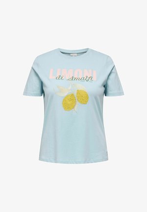 T-shirt bleu clair à manches courtes avec le texte « Limoni di Amalfi » et un motif citron jaune orné de petites perles.