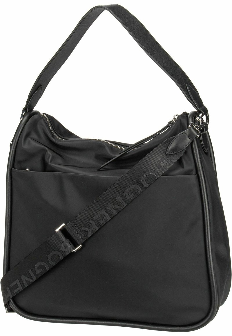 Czarna nylonowa torba na ramię o luźnym fasonie, z zamkiem błyskawicznym u góry, przednią kieszenią oraz szerokim, regulowanym paskiem z detalami z logo.