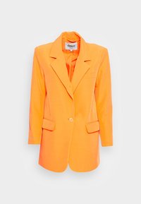 Neon orange blazer with a tailored design, single button closure, and two front pockets. Smooth texture and sharp lapels characterize the style.