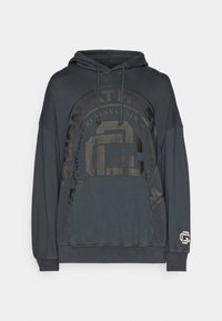 Grauer Kapuzenpullover mit großem grafischen Druck in Schwarz auf der Vorderseite, Kordelzugkapuze und einer Kängurutasche. Weiches, strukturiertes Material.