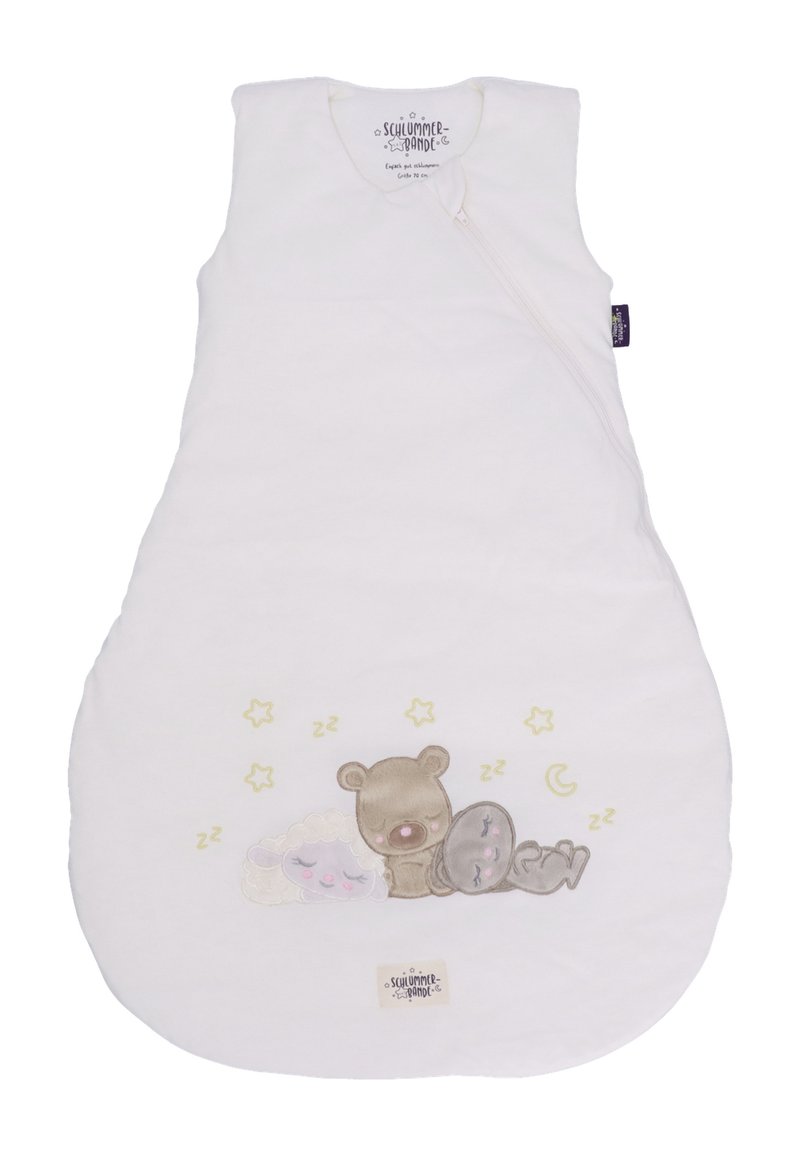 Cotton sleeping sack, white with zipper, features bear and cloud embroidery, soft texture, rounded bottom, and decorative stars and sleep symbols.