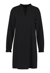 Schwarzes Langarmkleid mit einem rüschengeschmückten Kragen und einem Schlüsselloch-Ausschnitt. Verfügt über enganliegende Manschetten und eine entspannte, fließende Silhouette. Glatte Stofftextur.