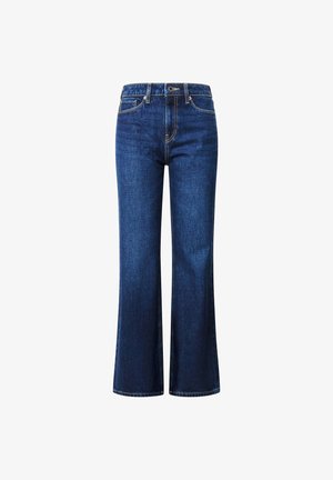 Platuma kāju džinsi, izgatavoti no tumšas džinsu auduma. Iezīmētas ar augstu jostasvietu, klasisku piecu kabatu dizainu un nemanāmām staru šuvju akcentiem.