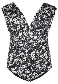 Costume da bagno a righe bianco e nero con scollatura a V profonda, corpetto arricciato e spalline larghe. Realizzato in tessuto morbido ed elastico.