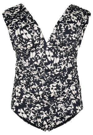 Costume da bagno a righe bianco e nero con scollatura a V profonda, corpetto arricciato e spalline larghe. Realizzato in tessuto morbido ed elastico.