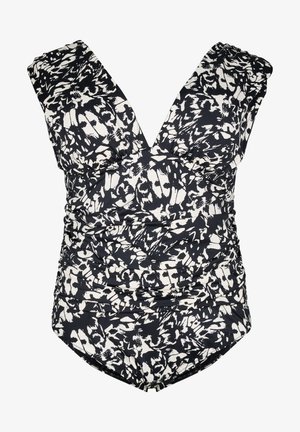 Melna un balta rakstota peldkostīms ar dziļu V veida kakla izgriezumu, ručotu ķermeni un platajām plecu siksnām. Izgatavots no gludas, elastīgas auduma.