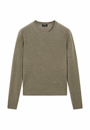 Khaki green crewneck sweater made of soft knit fabric, featuring long sleeves and ribbed cuffs and hem, with a smooth texture.