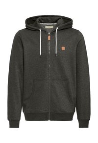 Dark gray hooded sweatshirt with a full zipper, two front pockets, white drawstrings, and a small leather logo patch on the chest.