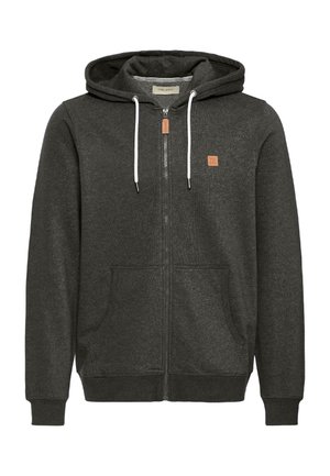 Felpa con cappuccio grigio scuro, con cerniera completa, due tasche frontali, cordini bianchi e un piccolo patch in pelle logo sul petto.