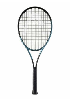 Tennisracket met een ovale kop, zwarte snaren en een teal frame. De grip is gestructureerd en zwart, ontworpen voor prestaties en controle.