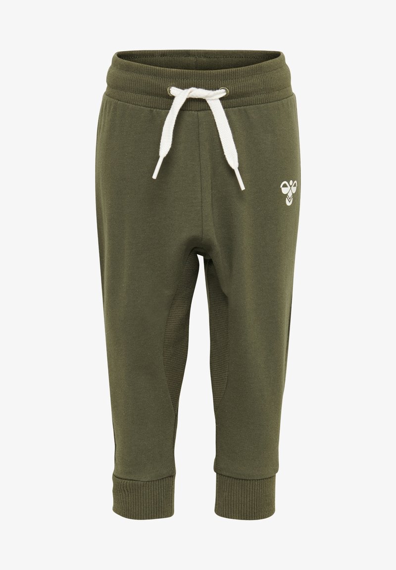 Olivgröna sweatpants med ribbad midja, vit dragsko och muddar. Har sidofickor och en liten logga på låret.