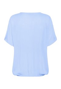 Haut bleu clair à manches courtes avec une coupe ample et un ourlet arrondi. Fabriqué dans un tissu doux et lisse avec une texture subtile.