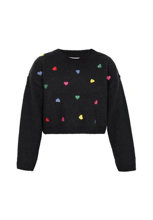 Un pulover scurt de culoare neagră cu guler rotund, având modele de inimi multicolore în nuanțe de roșu, verde, galben, albastru și roz pe întreaga suprafață.