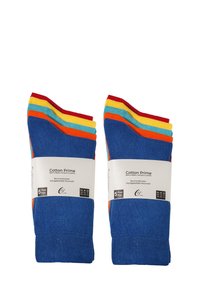 Fünf Paar blaue Baumwollsocken mit kontrastierenden farbigen Streifen in Rot, Gelb und Türkis oben. Inklusive Verpackungslabel.