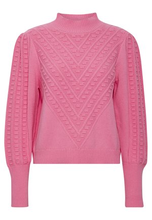 Rozā adīta džemperi ar augstu apkakli, teksturētu zigzaga rakstu un ribotām aprocēm. Korpuss ir ar mīkstu, siltu struktūru un izstrādājumu.