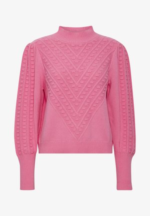 Roosa kudumipsie, millel on kõrge kaelus, tekstuuriga chevron-muster ja soonikud mansettides. Keha on pehme ja mugav tekstuuriga ning struktureeritud disainiga.