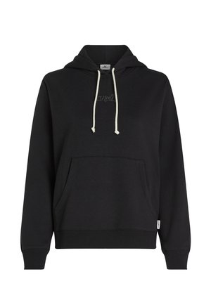 Svart hoodie i mjukt material, med känguruficka, huva med dragsnodd i krämfärgade snören och diskret logotypdetalj på bröstet.