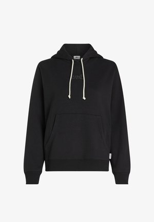 Czarna bluza z kapturem wykonana z miękkiego materiału, z kieszenią typu kangur i kapturem z sznurkiem w kolorze kremowym oraz subtelnym logo na piersi.