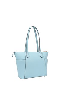 Lichtblauwe leren tote bag met twee handvatten, gestructureerde vorm en contrasterende stiksels. Voorzien van een ritsluiting en zijvak.