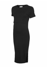 Robe de maternité noire à manches courtes, longueur genou, corsage ajusté, fente sur le côté, texture côtelée et col rond.