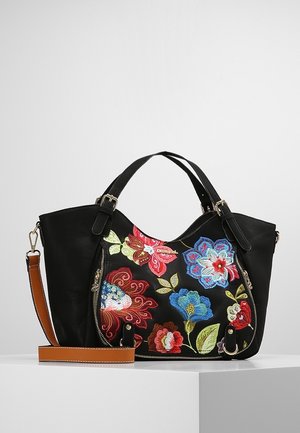 Sac à main noir avec deux poignées, bandoulière marron amovible, et broderie florale colorée sur le panneau avant avec des accents en fermeture éclair.