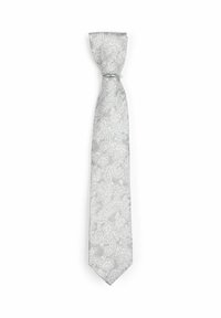 Grau gefärbte Krawatte mit komplexem weißen Paisleymuster, seidige Textur, spitze Spitze und Schlaufe zum Befestigen. Elegantes, klassisches Design, das sich für formelle Anlässe eignet.