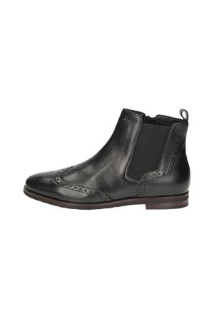 Schwarzer Leder-Ankle-Boot mit Brogue-Details, elastischem Seiteneinsatz, Zuglasche an der Ferse und flacher Holzsohle.