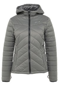 Veste doudoune grise matelassée avec capuche, dotée d'une fermeture zippée intégrale, d'un motif en chevrons et de poignets côtelés pour l'isolation. Design élégant et léger.