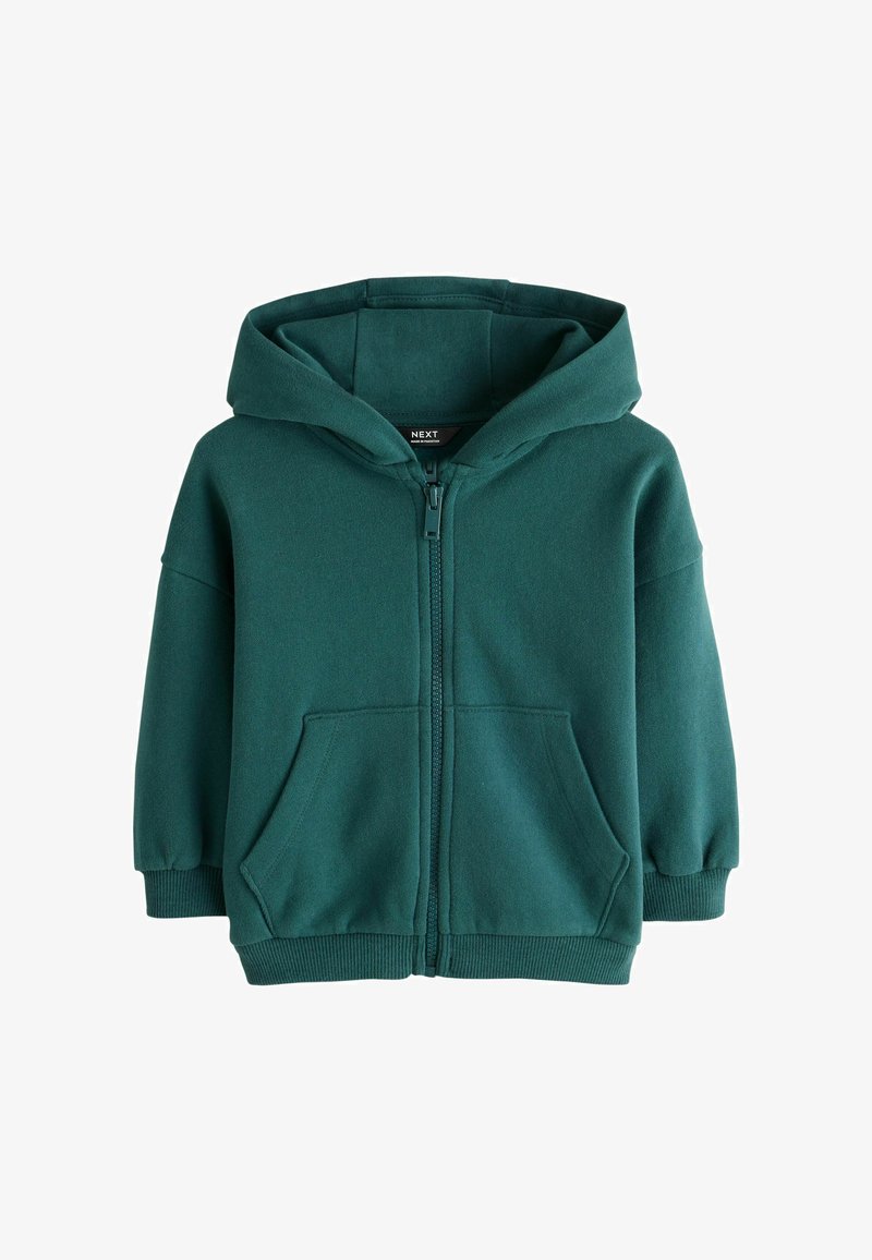 Sweat à capuche zippé vert foncé avec poches avant, poignets et ourlet côtelés, conçu pour les enfants.