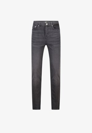 Jeans in denim nero con una vestibilità slim, cinque tasche, chiusura anteriore con bottone e scoloriture sottili. Texture liscia con passanti per cintura standard.