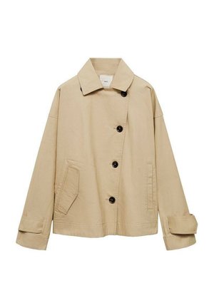Veste en coton beige avec un large col, des manches longues, des boutons noirs et une poche avant ; coupe décontractée et coutures minimales.