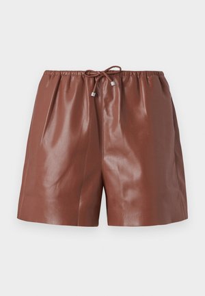 Brown leather shorts with a glossy finish, featuring an elastic waistband and adjustable tie with metallic accents. Smooth texture and tailored design.