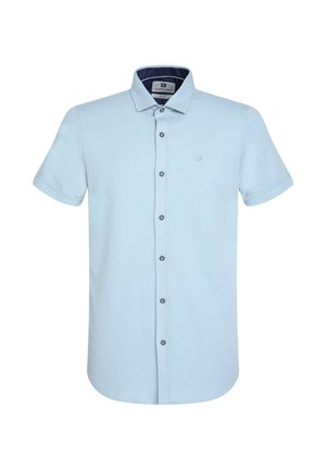 Light blue short-sleeve button-up shirt with a structured collar, navy interior lining, and five dark buttons down the front.