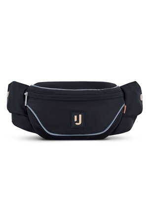 Svart nylon midjeväska med slät yta, utrustad med ett främre ficka med dragkedja, diskret reflekterande kant och en logotyp i koppar.
