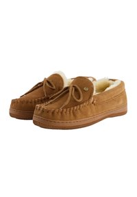 Brune ruskind mokkasinslipper med faux pelsfor, dekorativ syning og snøredetalje. Gummisålen giver godt greb.