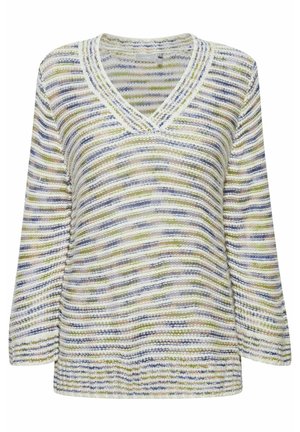 Maglione a righe in morbido tessuto a maglia, con scollatura a V, maniche a tre quarti e una combinazione di sfumature verdi, blu e beige.