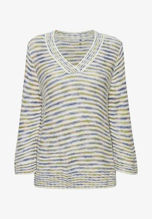 Maglione a righe in morbido tessuto a maglia, con scollatura a V, maniche a tre quarti e una combinazione di sfumature verdi, blu e beige.