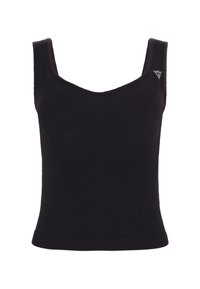 Top de tirantes negro con canalé, escote en forma de barco, tirantes anchos y un pequeño logo en el lado izquierdo. Textura suave, diseño ajustado.
