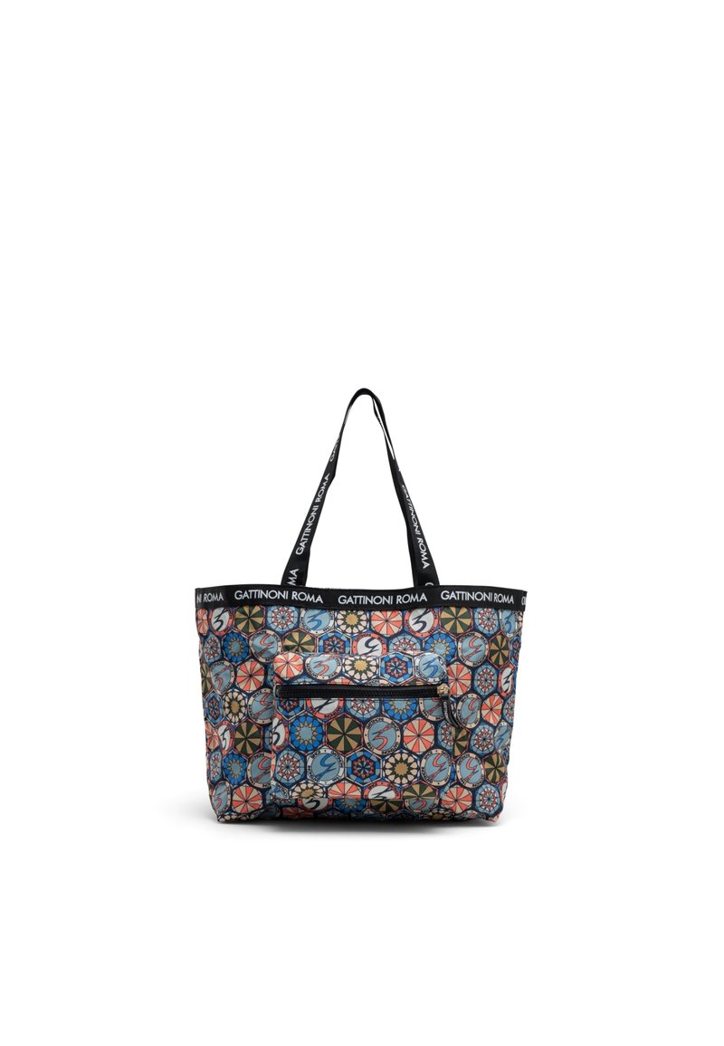 Grande borsa a tracolla con motivi geometrici colorati, materiale in tessuto, manici doppi e una tasca frontale con zip. Fascia con logo nella parte superiore.