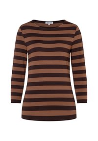 Langärmliges Oberteil in Braun und Karamellstreifen, aus weichem Material mit rundem Halsausschnitt und einem leicht lockeren Schnitt.