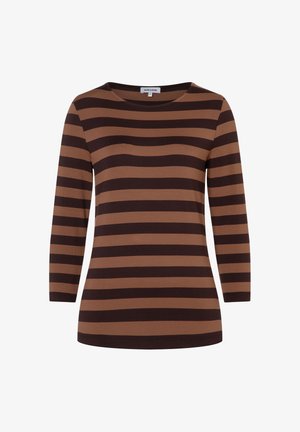 Langärmliges Oberteil in Braun und Karamellstreifen, aus weichem Material mit rundem Halsausschnitt und einem leicht lockeren Schnitt.