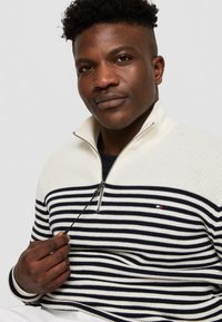 Lichtcrème en marine gestreepte trui met ritssluiting en geribbelde textuur. Bevat een klein logo-accent en een ritskraag.