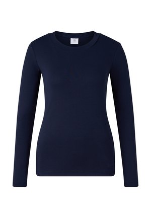 Navy blue long-sleeve fitted shirt with crew neck, plain design, and small logo near the bottom hem on a white background.