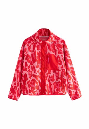 Red and pink leopard print fleece jacket with snap buttons, high collar, two side pockets, and a red zippered chest pocket.